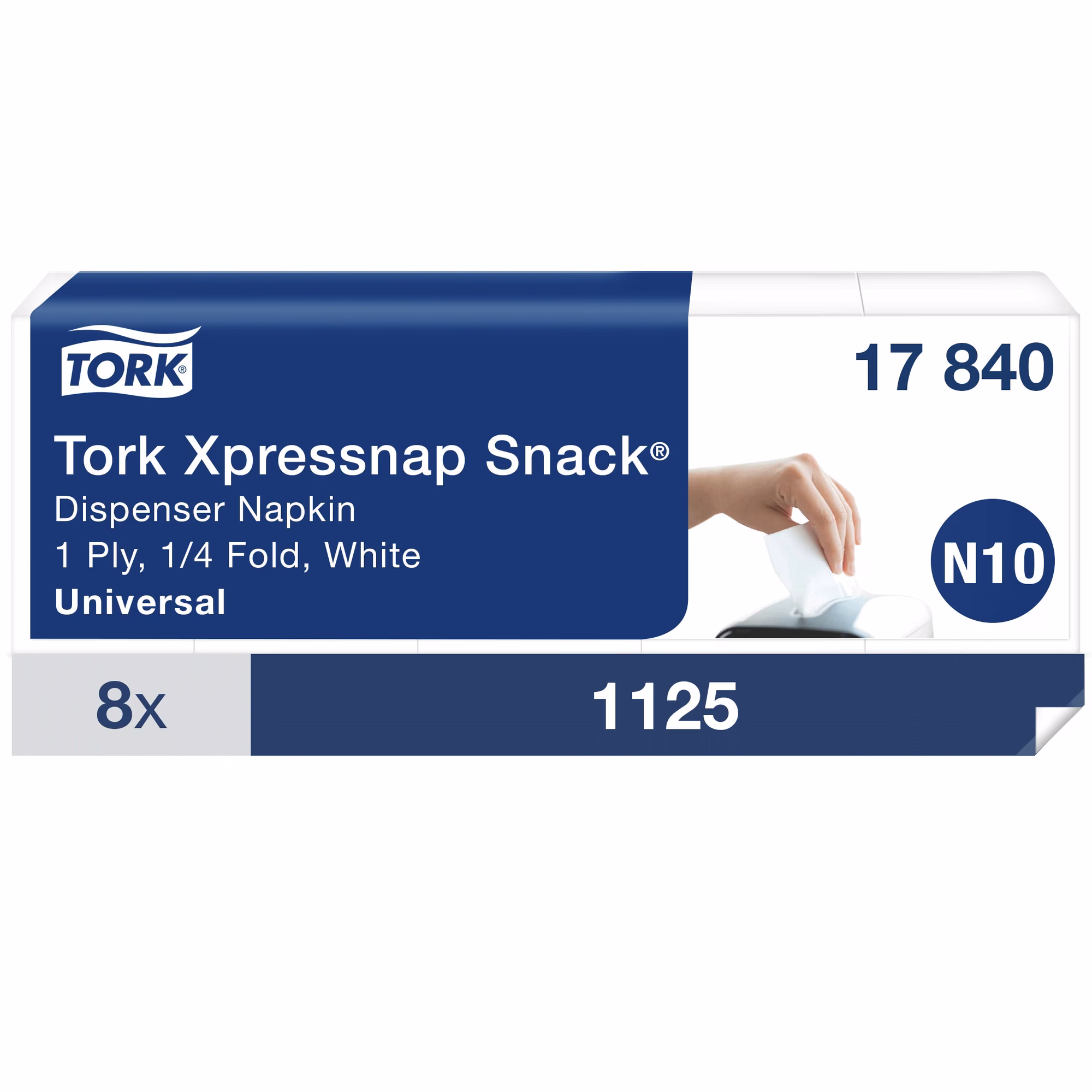 Tork Xpressnap Snack® białe serwetki dyspenserowe N10, opakowanie 8 x 1125 sztuk z grafiką wyciągania serwetki