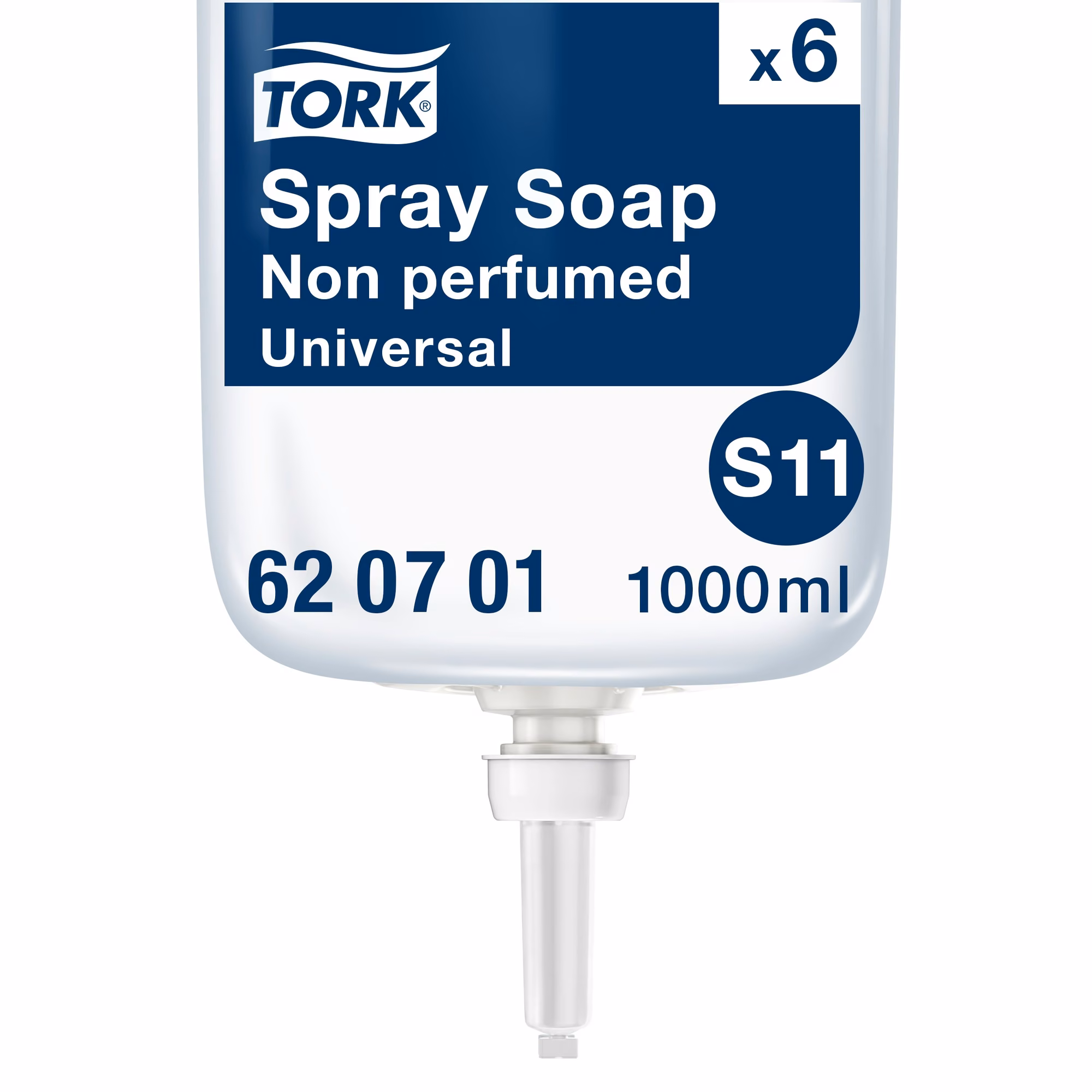Tork bezzapachowe mydło w sprayu, wkład 1000 ml S11 z widocznym dozownikiem i oznaczeniem x6