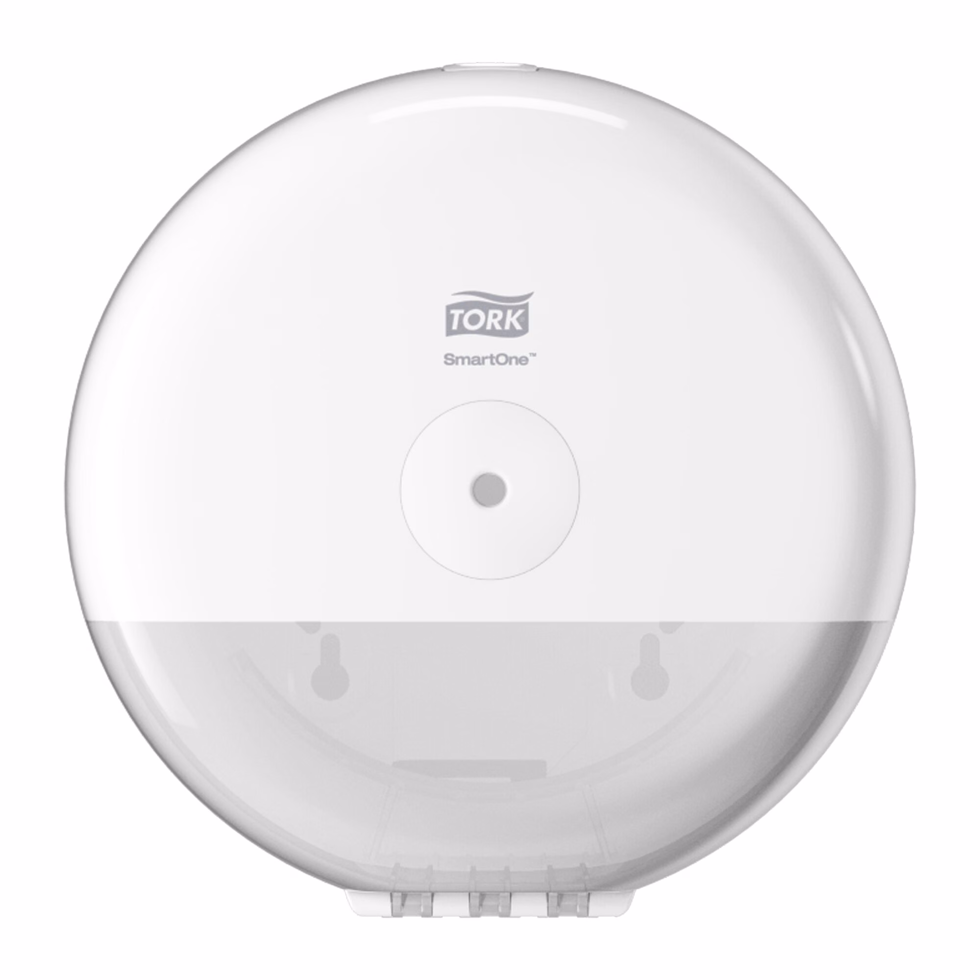 Tork SmartOne mini dozownik do papieru toaletowego, biała obudowa z logo na białym tle