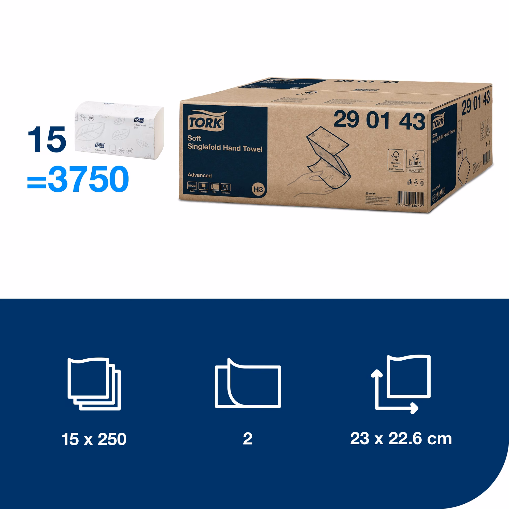 Tork Singlefold miękki ręcznik, specyfikacja techniczna 3750 listków o wymiarach 23 na 22.6 cm