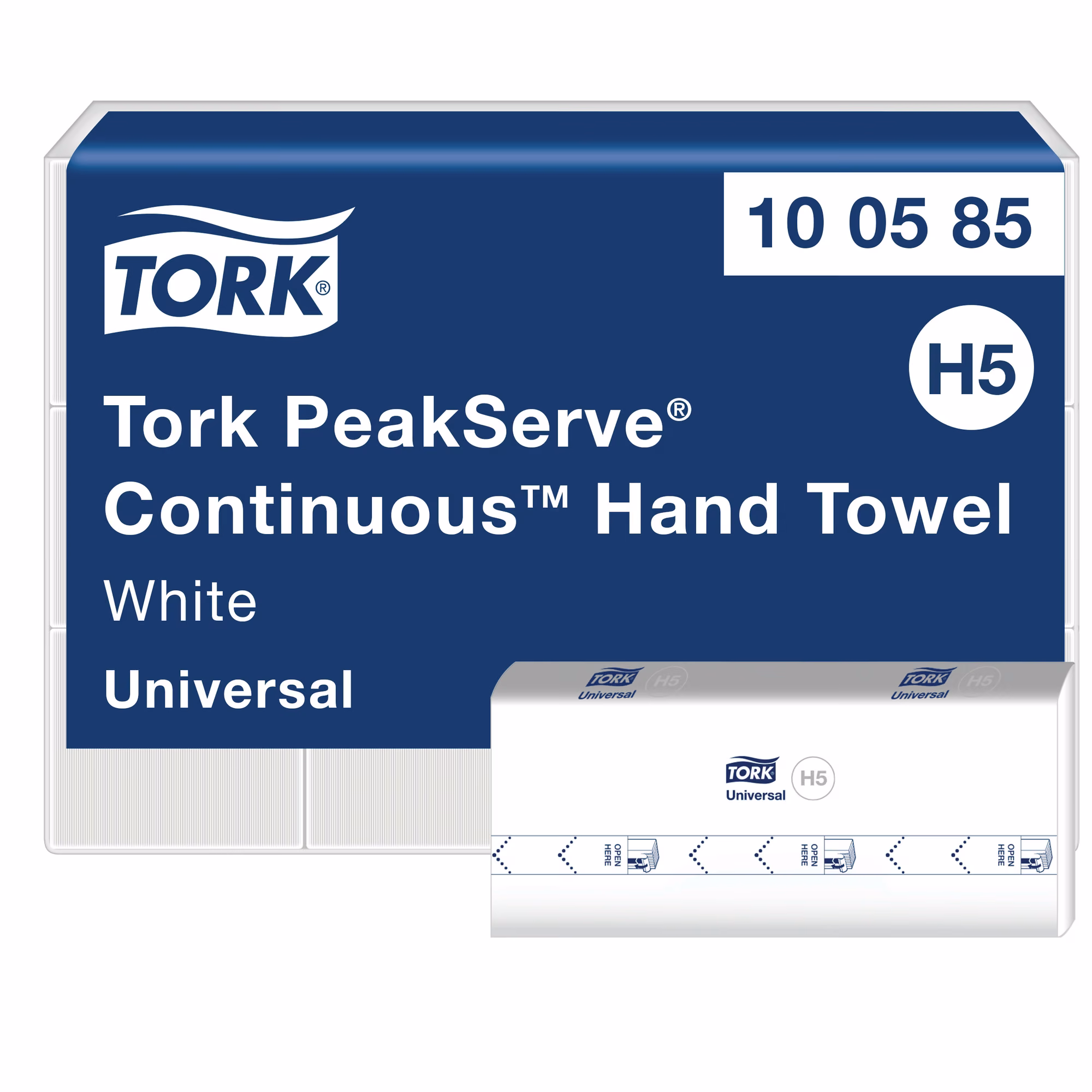 Tork PeakServe® niekończący się ręcznik do rąk 100585, zbliżenie na niebieskie opakowanie z oznaczeniem systemu H5