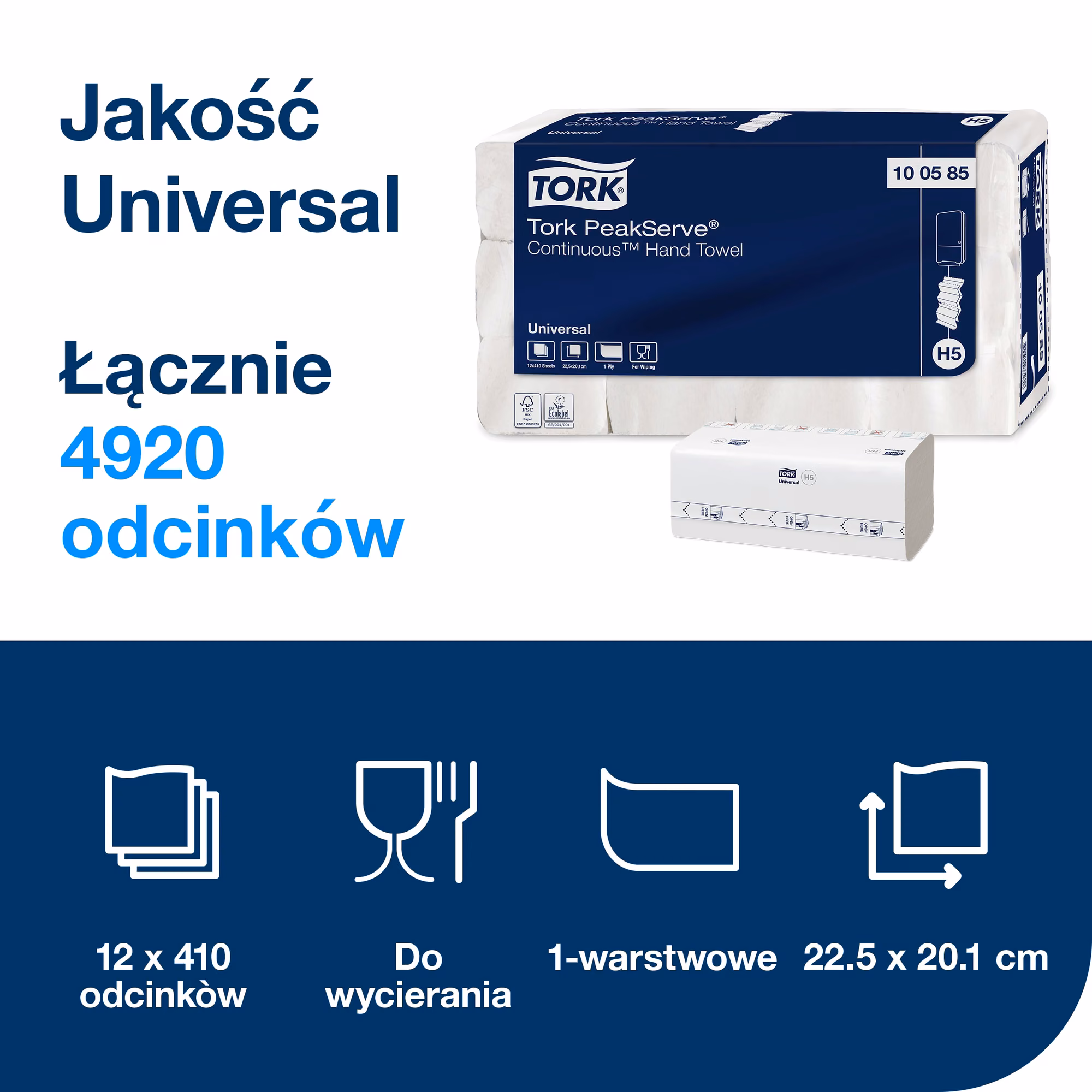 Tork PeakServe® niekończący się ręcznik do rąk 100585, specyfikacja techniczna 4920 odcinków o wymiarach 22.5x20.1 cm