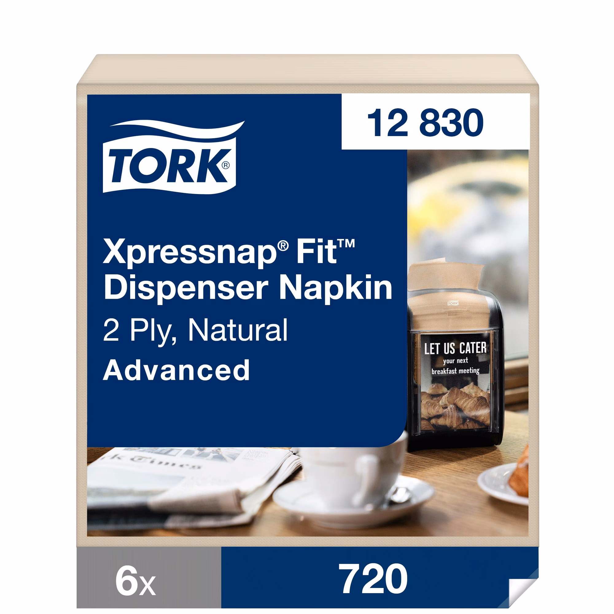 Tork Xpressnap Fit naturalne serwetki dyspenserowe N14, opakowanie jednostkowe z grafiką kawiarni i rogalików