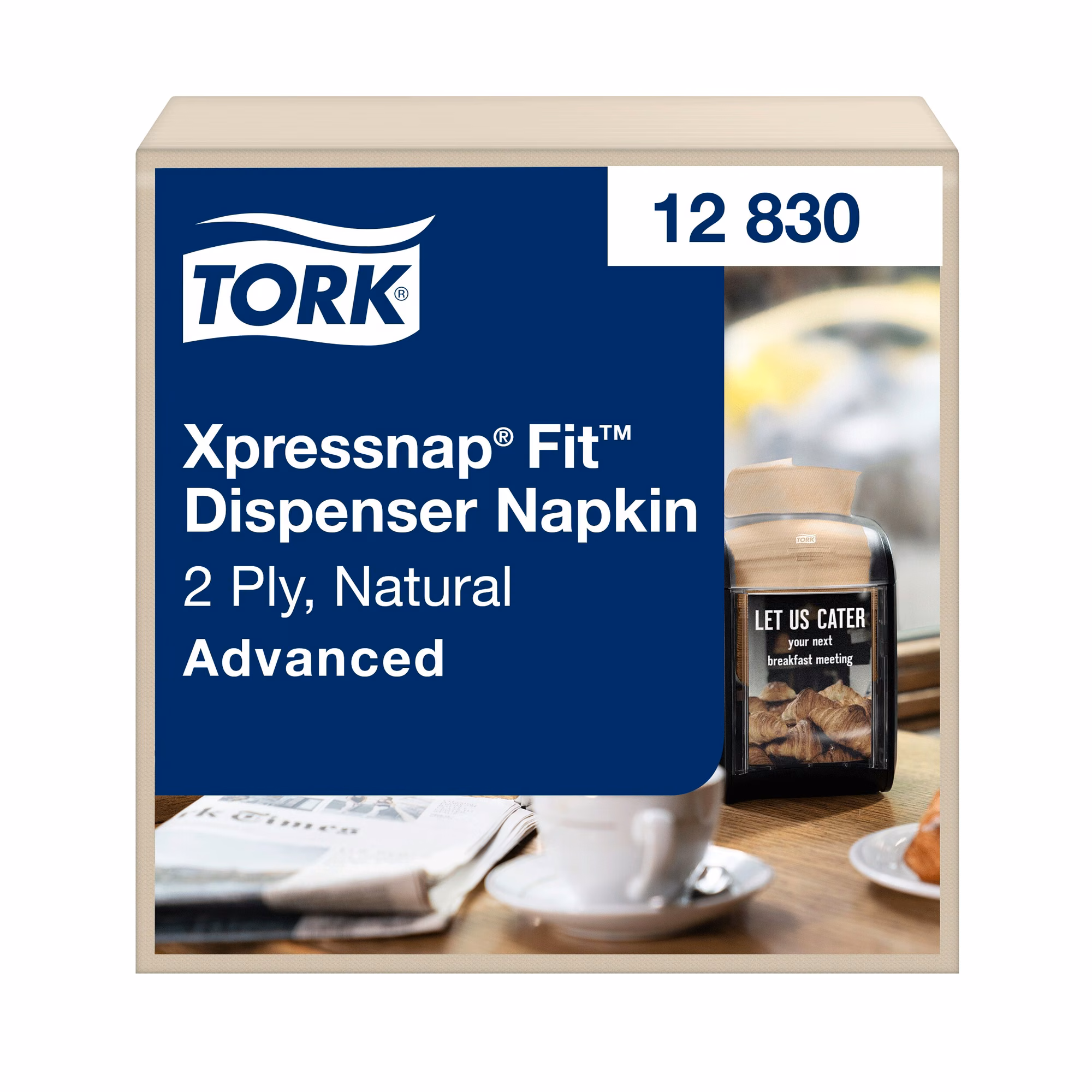 Tork Xpressnap Fit naturalne serwetki dyspenserowe N14, zbliżenie na frontowe opakowanie z numerem artykułu 12830