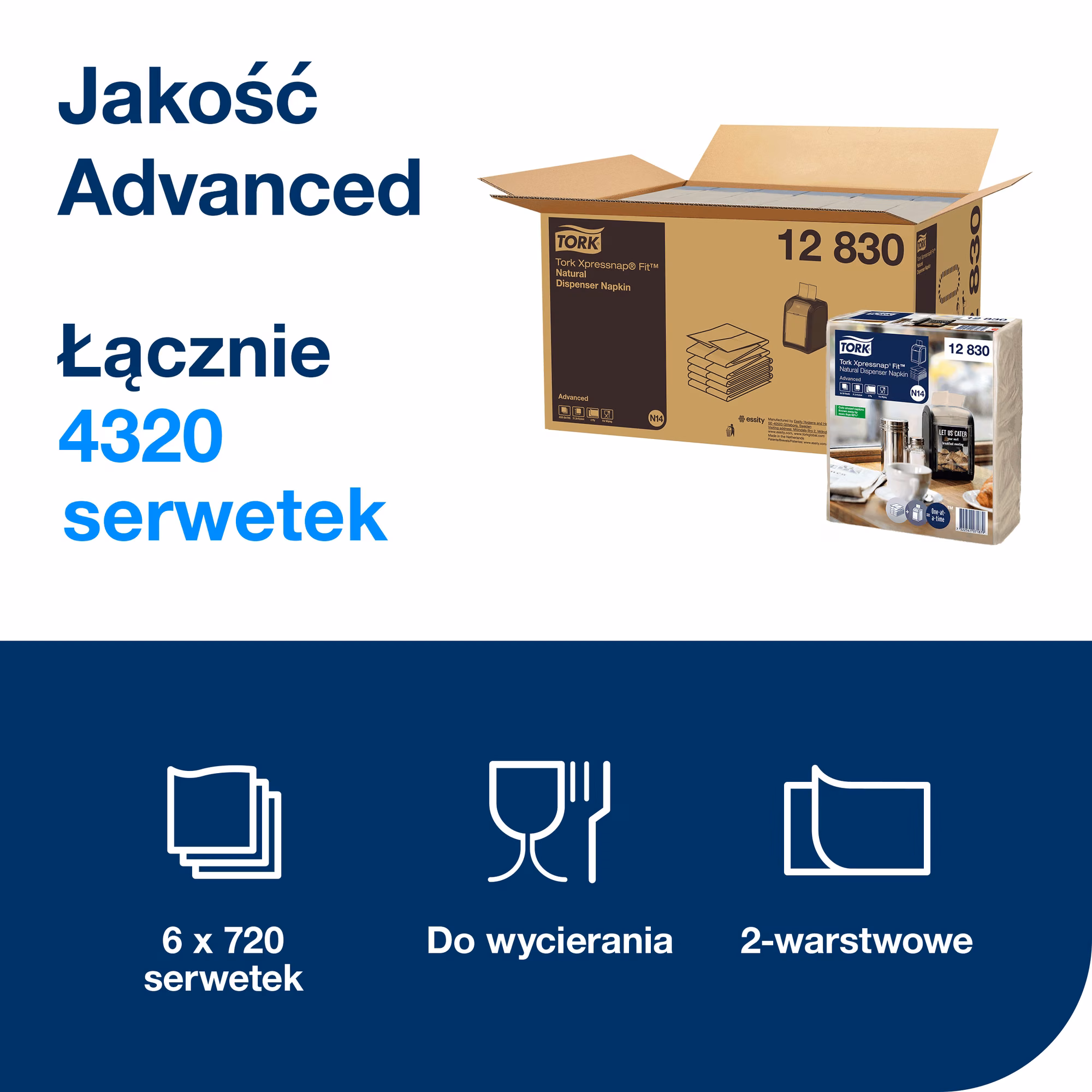 Tork Xpressnap Fit naturalne serwetki dyspenserowe N14, opakowanie zbiorcze 4320 sztuk i ikony właściwości produktu