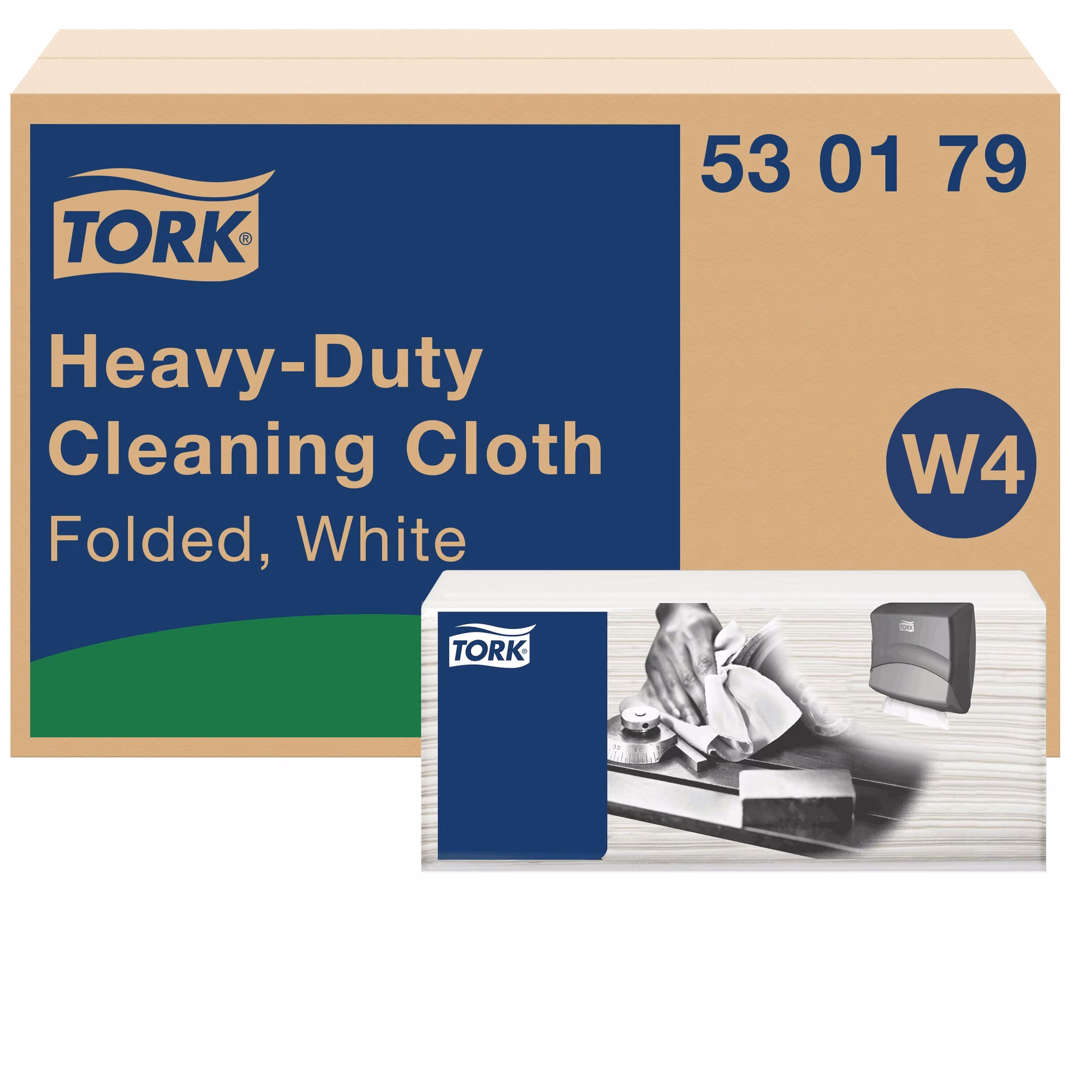 Ściereczki do trudnych zabrudzeń Tork W4 białe, kartonowe opakowanie z systemem W4 i kodem 530179