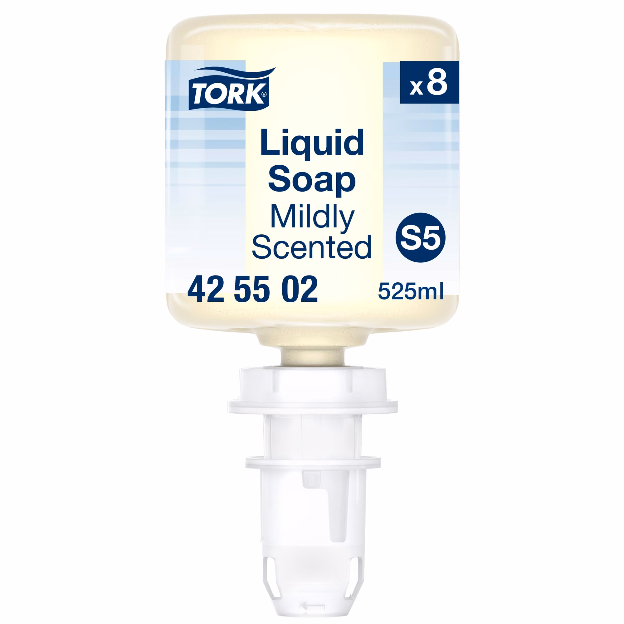 Tork delikatnie perfumowane mydło w płynie mini S5, wkład 525 ml z białą pompką na białym tle