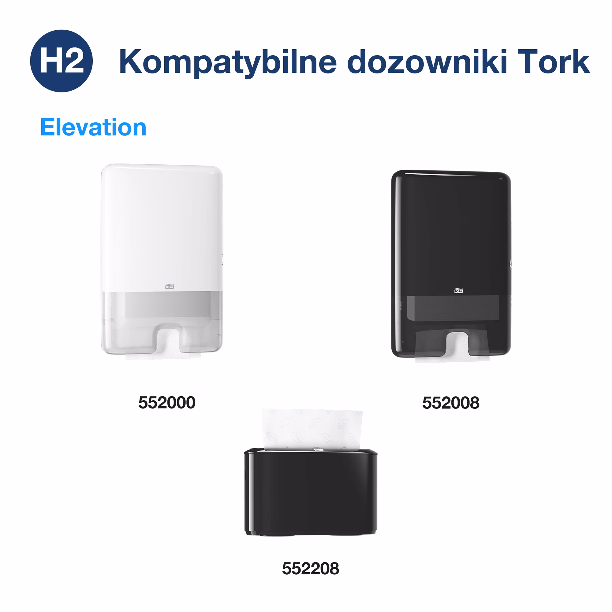 Tork Xpress 100297, zestawienie kompatybilnych dozowników Tork Elevation H2 białych i czarnych