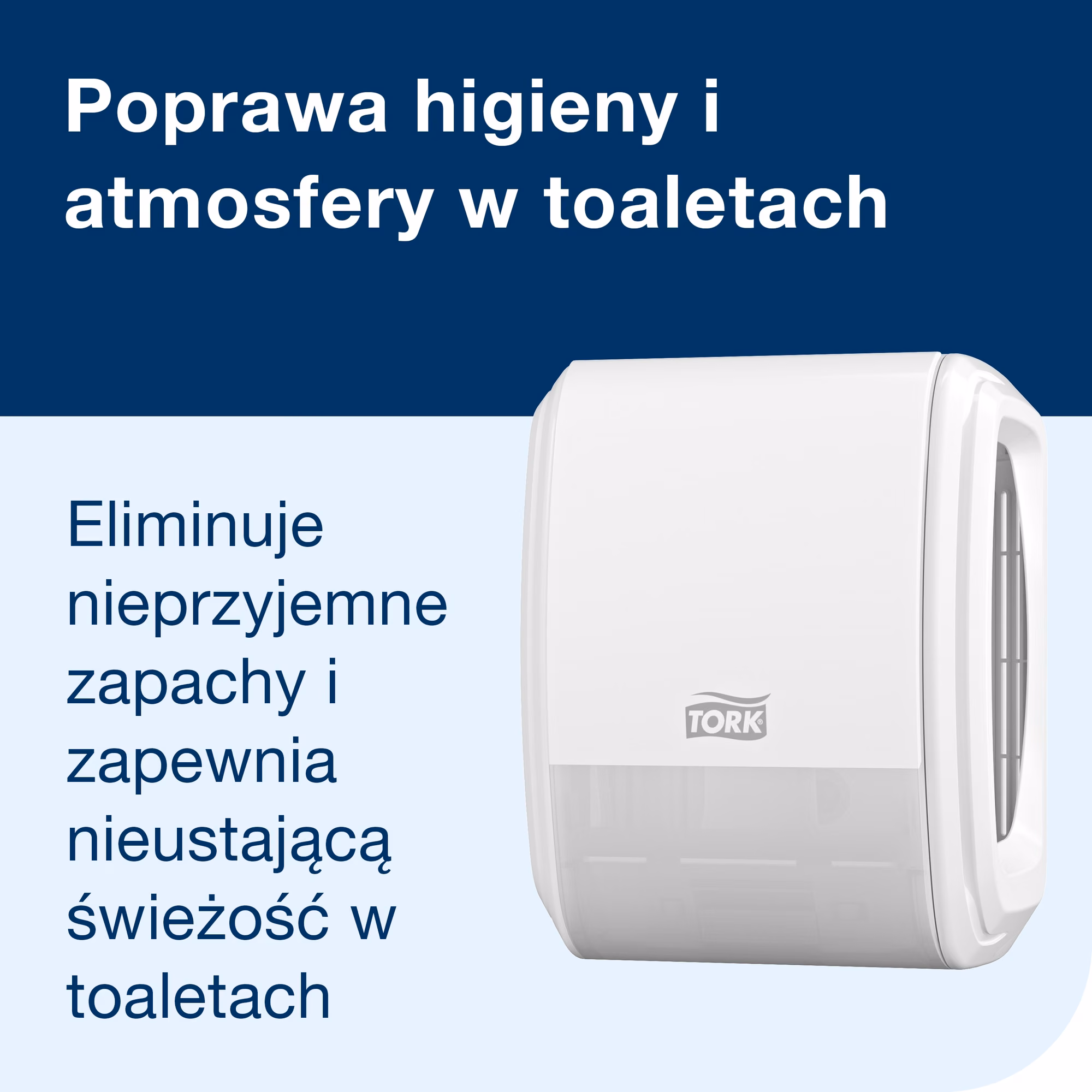 Tork dozownik do odświeżacza powietrza Constant biały A3, perspektywa boczna na tle haseł o higienie