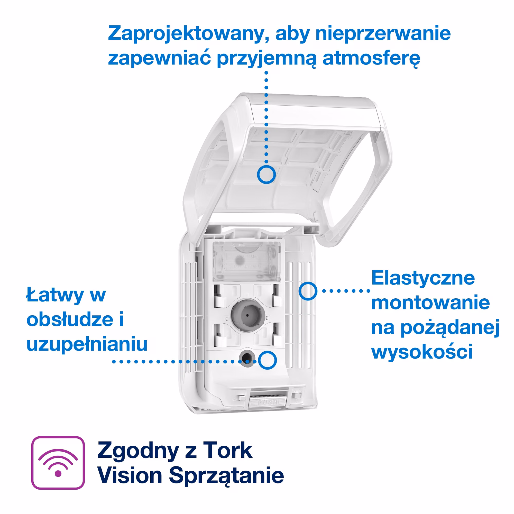 Tork dozownik do odświeżacza powietrza Constant biały A3, otwarta obudowa prezentująca mechanizm wewnętrzny