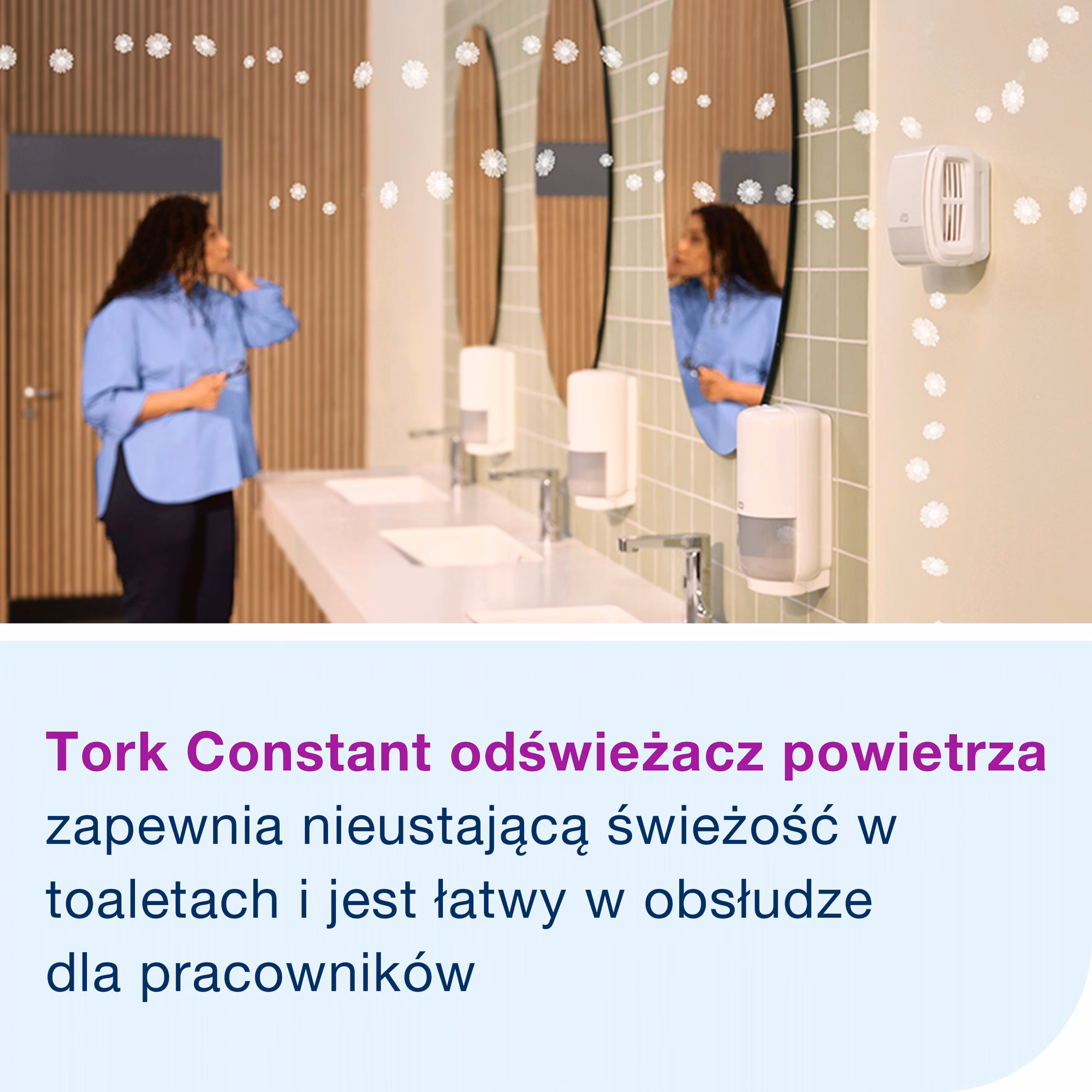Tork dozownik do odświeżacza powietrza Constant biały A3, urządzenie w użyciu w toalecie publicznej