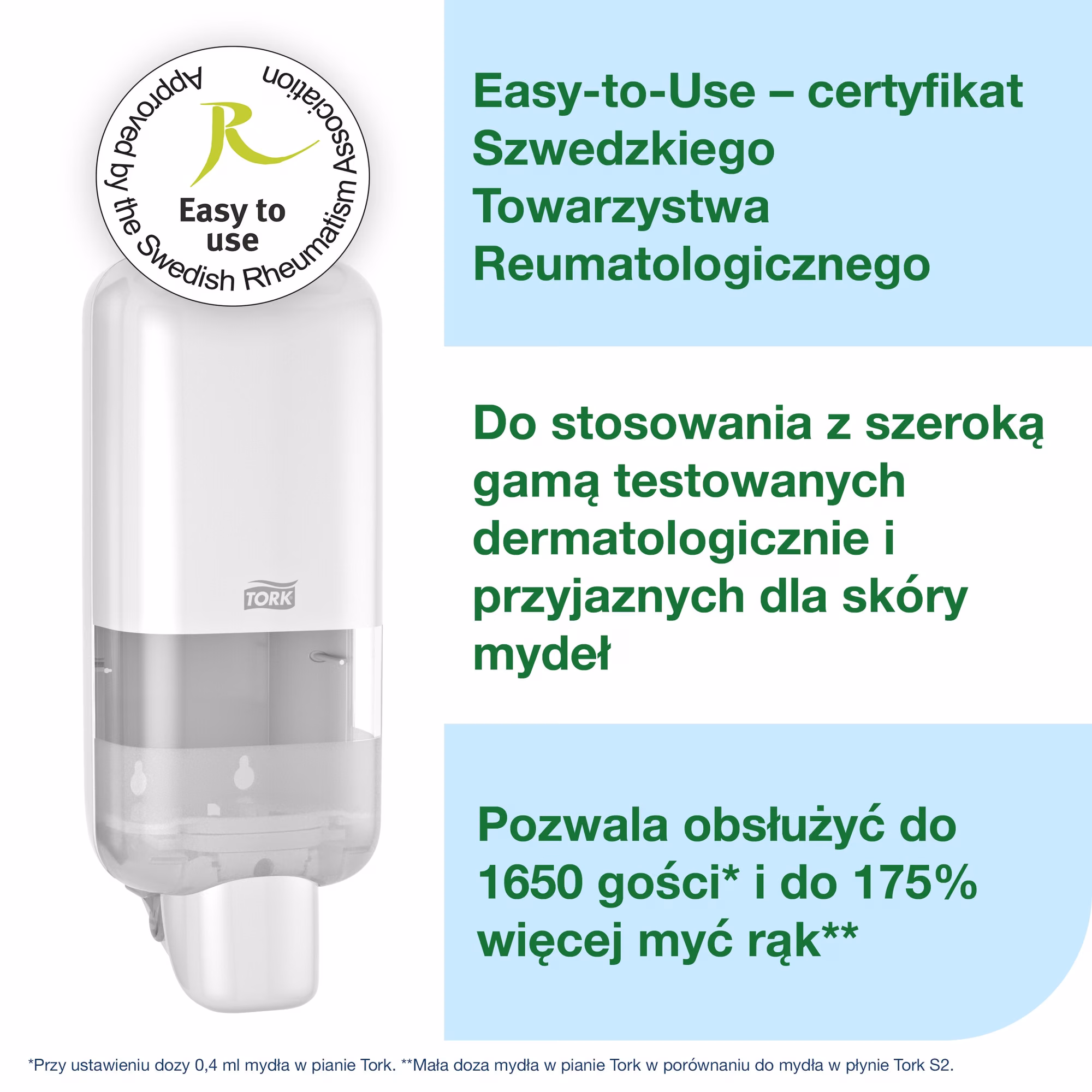 Tork dozownik do mydła biały S4, certyfikat Easy-to-Use Szwedzkiego Towarzystwa Reumatologicznego