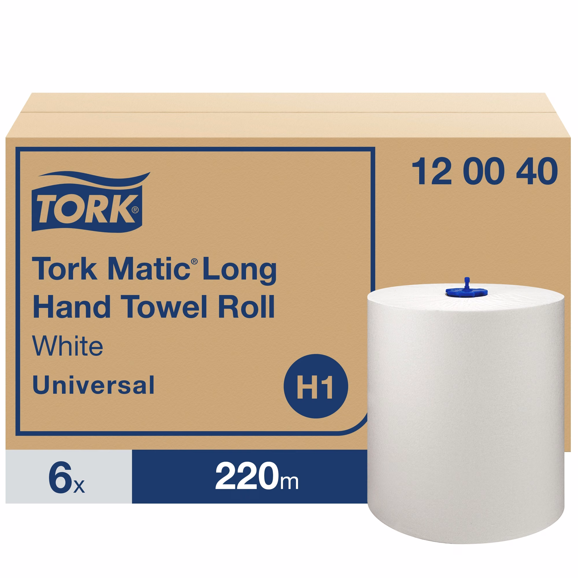 Tork Matic® długi ręcznik do rąk w roli, 220 m, biała rolka na tle kartonu zbiorczego 6 sztuk