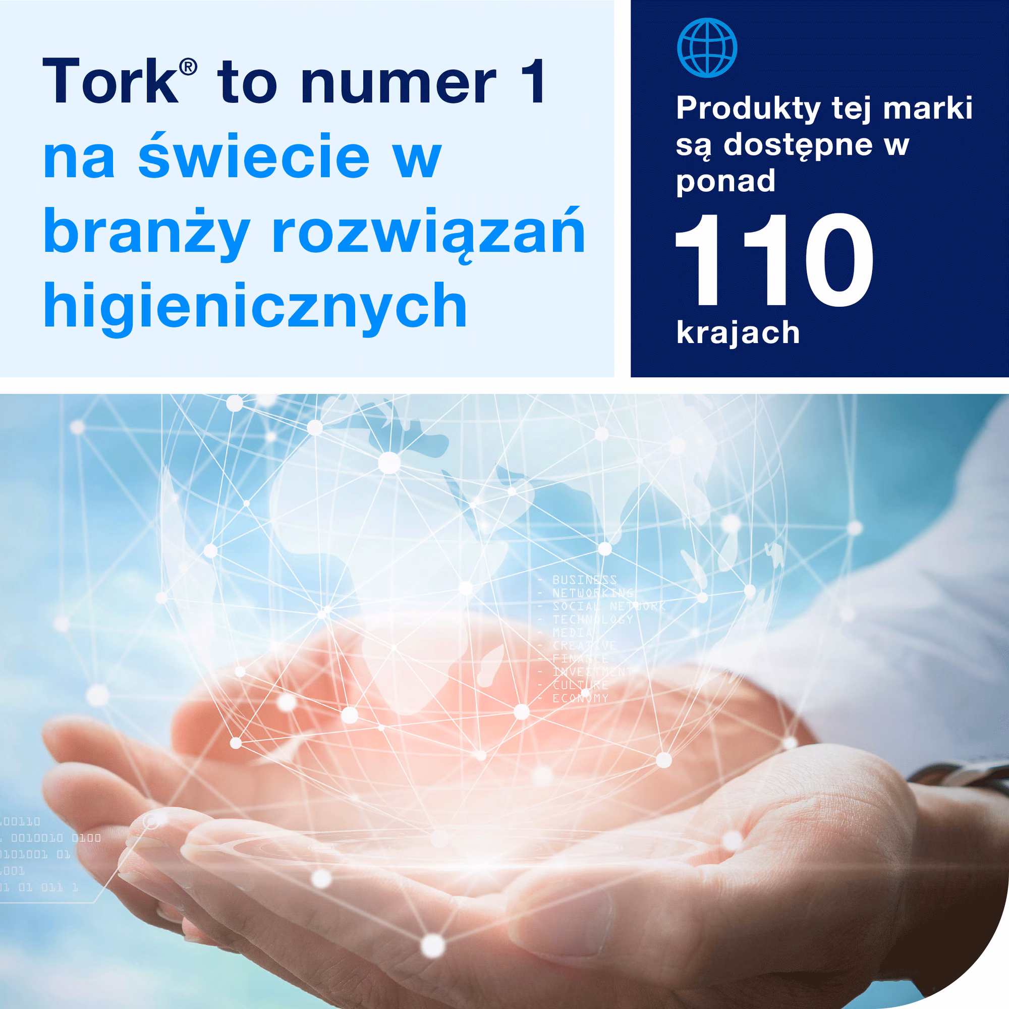 Tork PeakServe® niekończący się ręcznik do rąk, grafika symbolizująca globalny zasięg marki Tork w 110 krajach