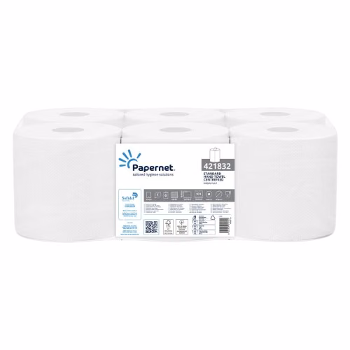 Ręcznik papierowy Papernet 421832 Maxi Celuloza, opakowanie zbiorcze 6 białych rolek w folii z etykietą
