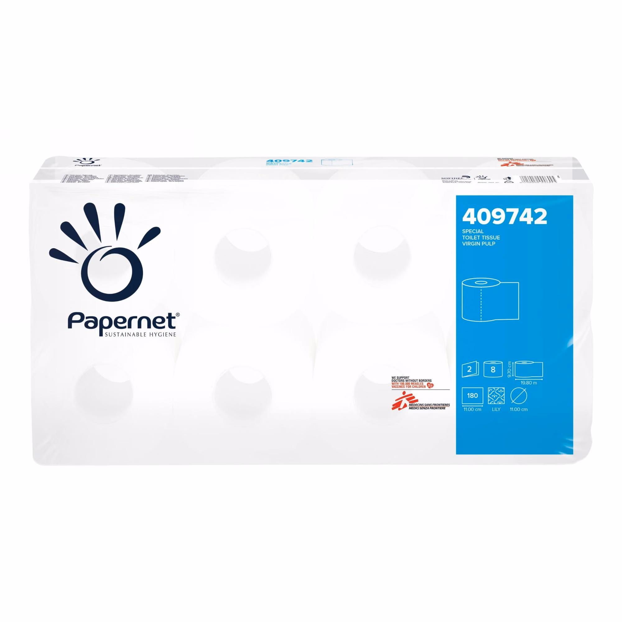Papier toaletowy PAPERNET 409742 2w. celuloza 180 odc. (8x8), widok z przodu z logo Lekarze bez Granic