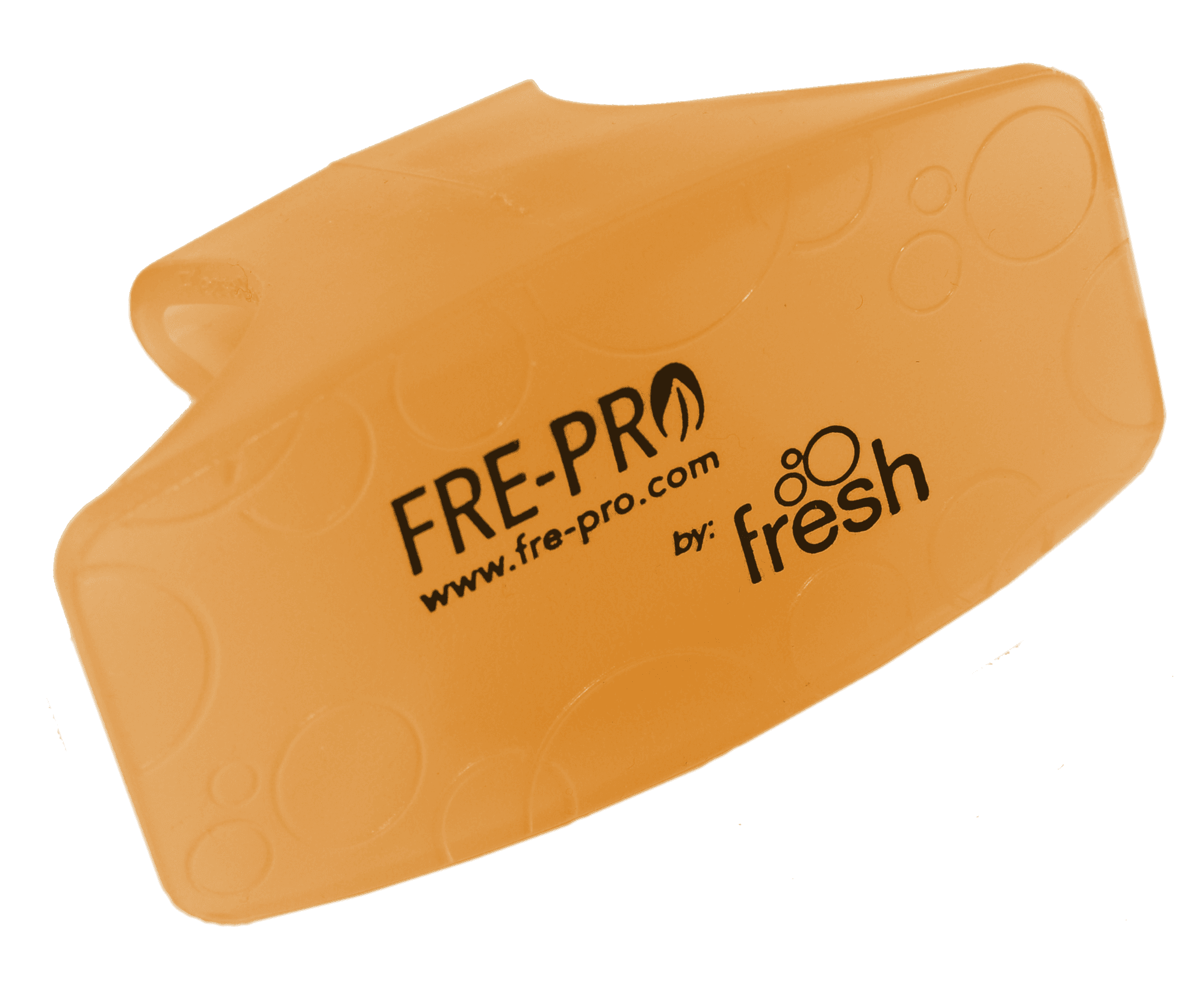 Zawieszka Zapachowa do WC FRE-PRO Bowl Clip Mango Pomarańczowa 1 szt., zbliżenie na logo i fakturę na czarnym tle