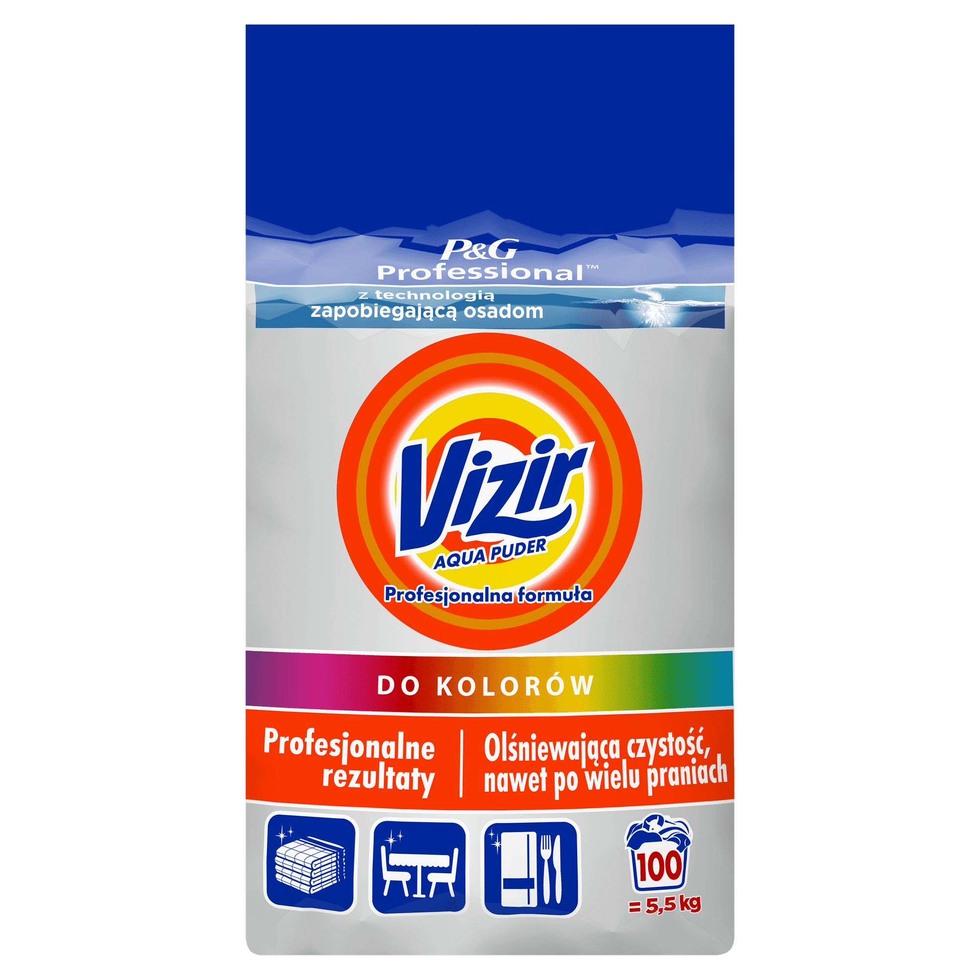 Proszek do Prania Vizir Professional Color 5.5 kg 100 prań, front opakowania z logo AquaPuder i ikonami zastosowania