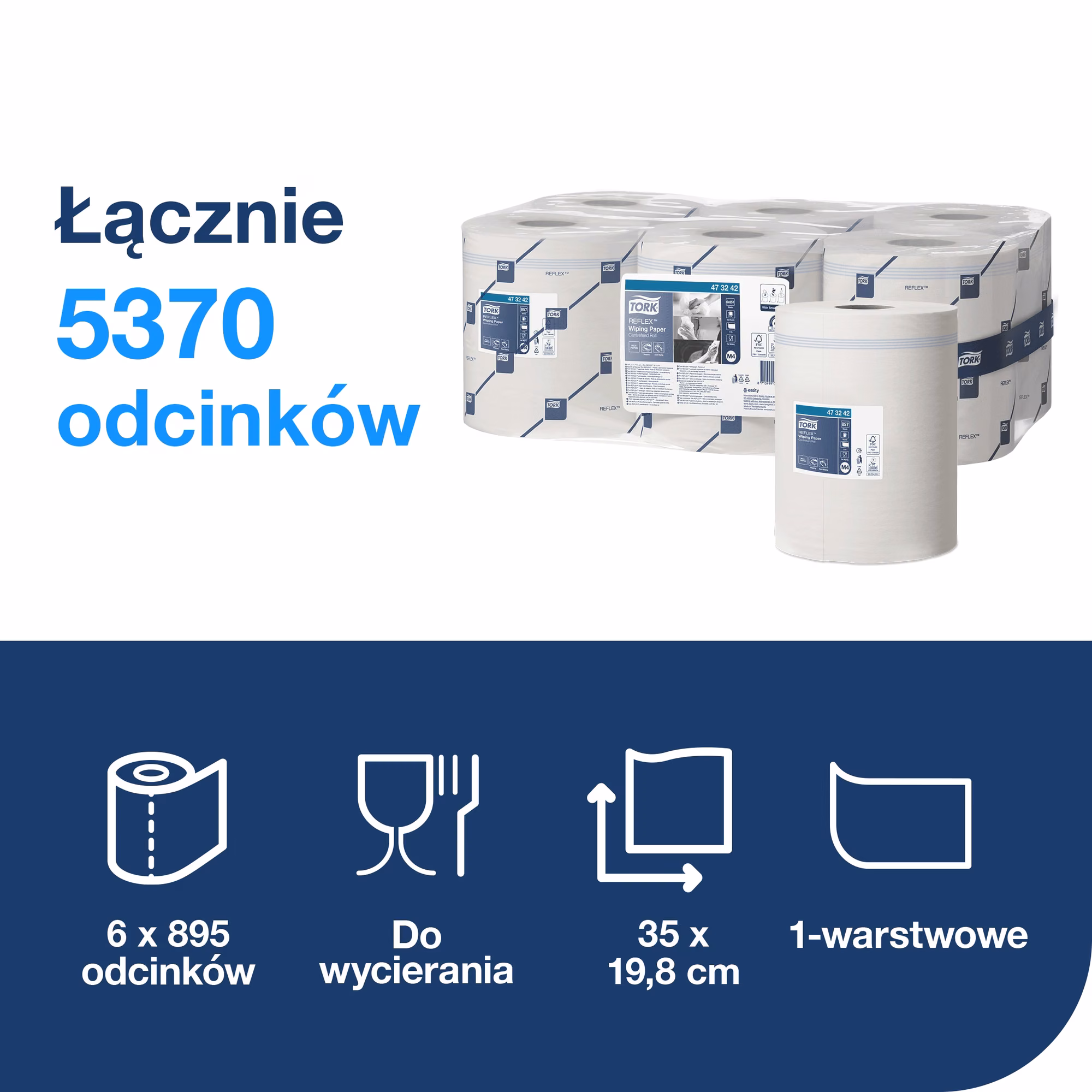 Czyściwo papierowe M4 Tork Reflex™, infografika z parametrami: 5370 odcinków i wymiary 35x19,8 cm