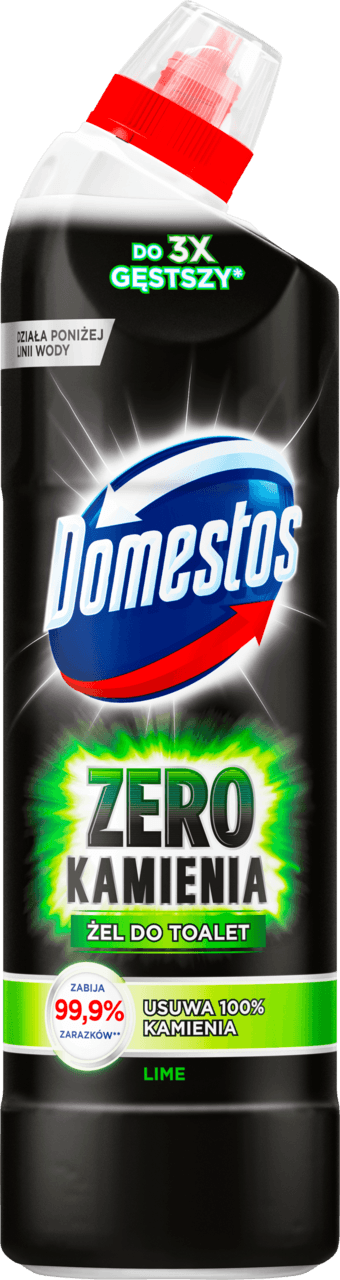 Żel do Toalet Zero Kamienia Domestos Lime Dezynfekujący 750 ml, czarna butelka z zieloną etykietą i czerwoną zakrętką