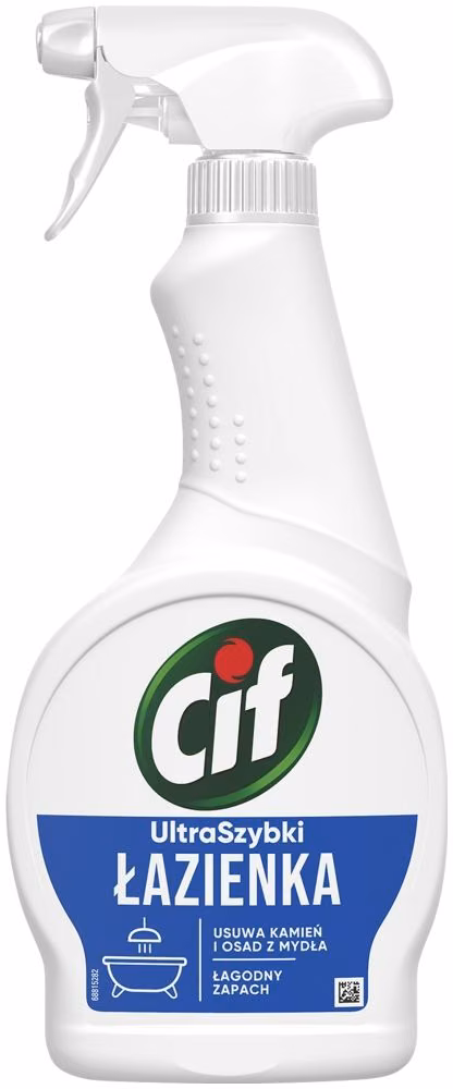 Płyn do Czyszczenia Łazienki CIF UltraSzybki Spray 500 ml, biała butelka z atomizerem i niebieską etykietą