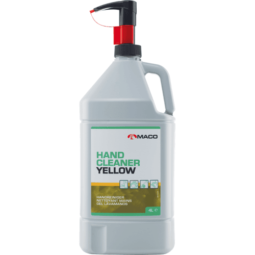Pasta do mycia rąk BHP Maco Hand Cleaner Yellow 4L, szary kanister z czarną pompką dozującą na białym tle