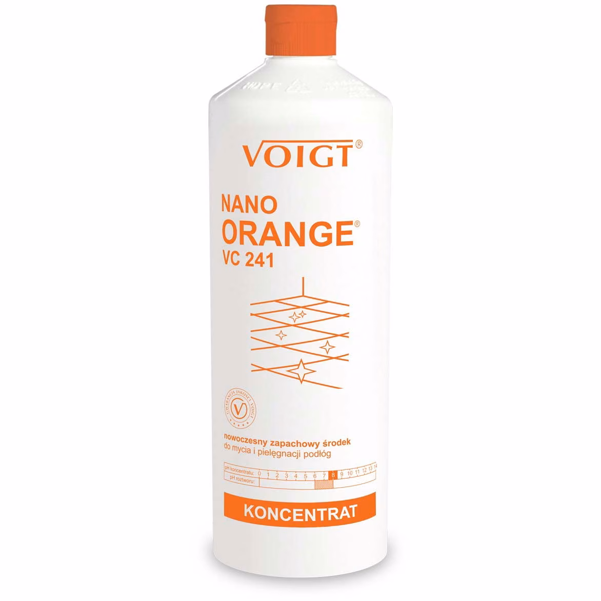 Płyn do Mycia Podłóg Koncentrat Voigt NANO ORANGE VC241, biała butelka 1L z pomarańczową zakrętką i etykietą