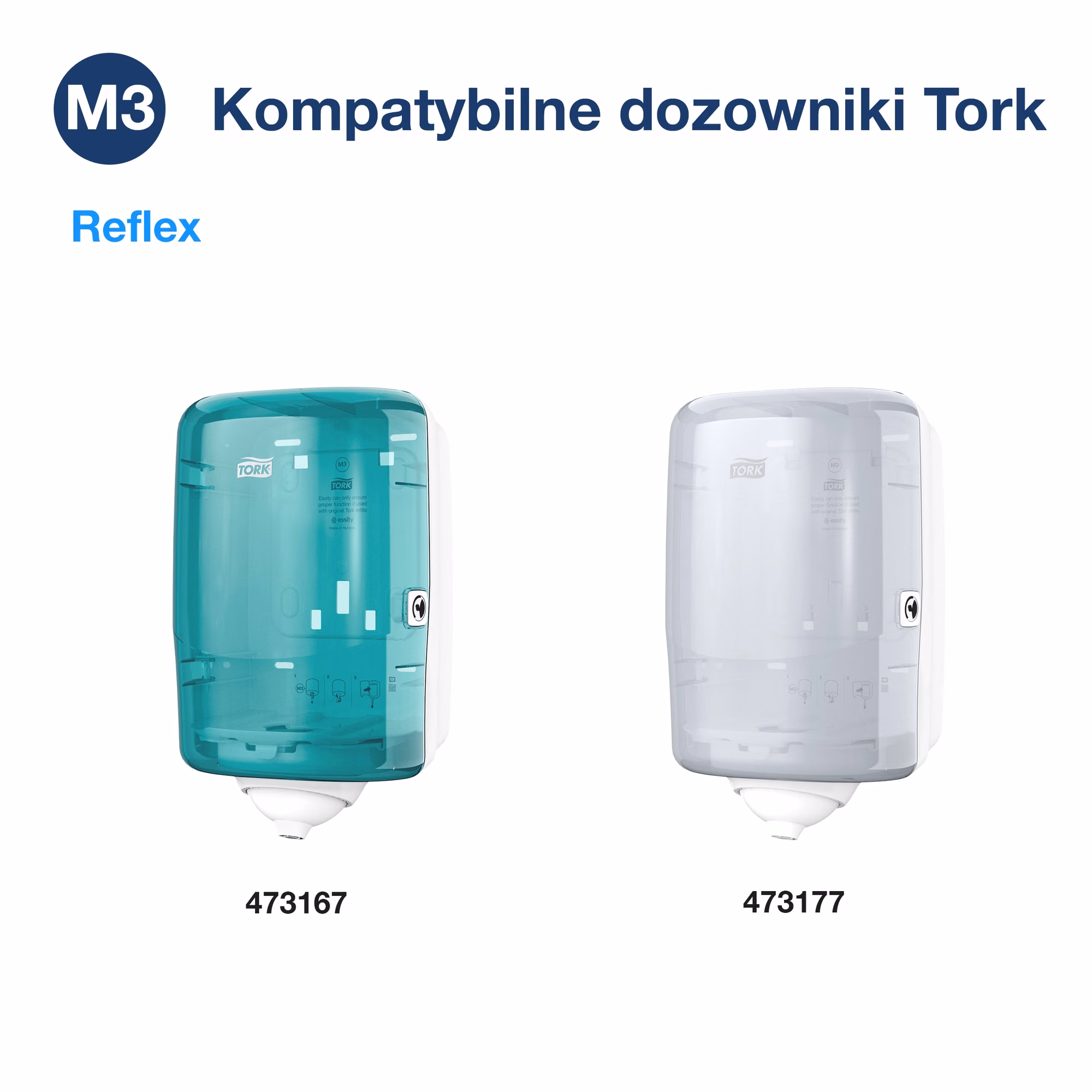 Czyściwo papierowe M3 Tork Reflex, kompatybilne dozowniki Tork M3 w kolorze turkusowym i białym