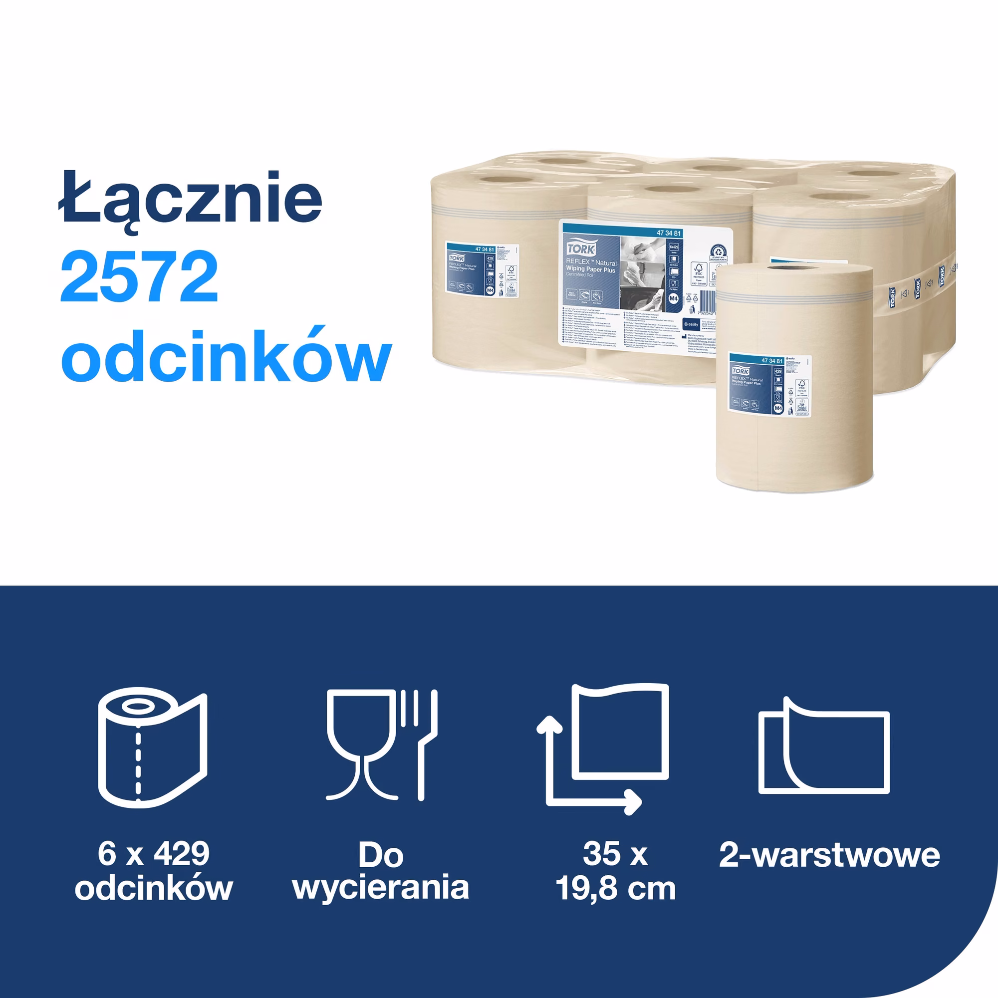 Tork Reflex™ czyściwo papierowe do lekkich zabrudzeń, specyfikacja techniczna 2572 odcinków i wymiary arkusza