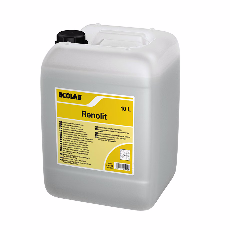 Ecolab Renolit 9014520 10 L, biały kanister z płynem czyszczącym i żółtą etykietą produktu