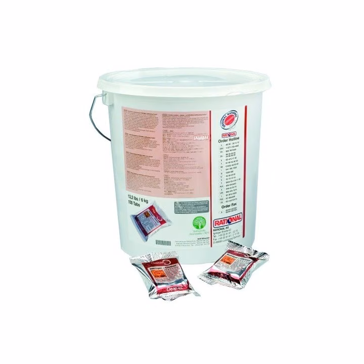 Tabletki Myjące do Pieców Rational 56.00.210, białe wiadro 6 kg i dwie tabletki w foliowych opakowaniach