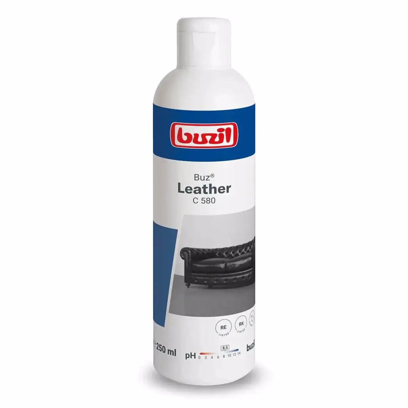 Buz Leather C 580 250ml-mleczko do skóry, opakowanie z grafiką czarnej skórzanej kanapy i skalą pH