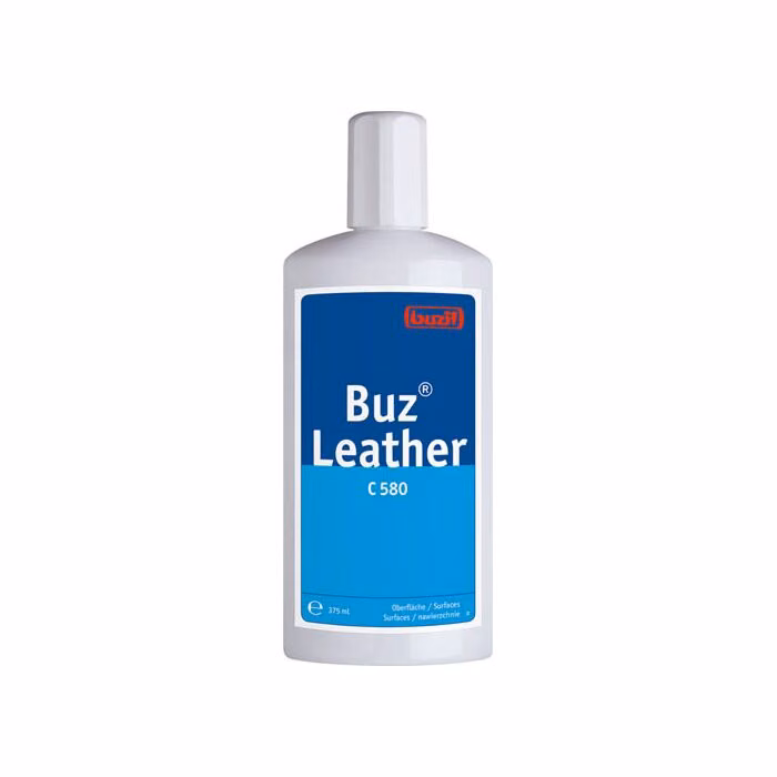 Buz Leather C 580 250ml-mleczko do skóry, widok z przodu na butelkę z wyraźnym logo Buzil i nazwą serii