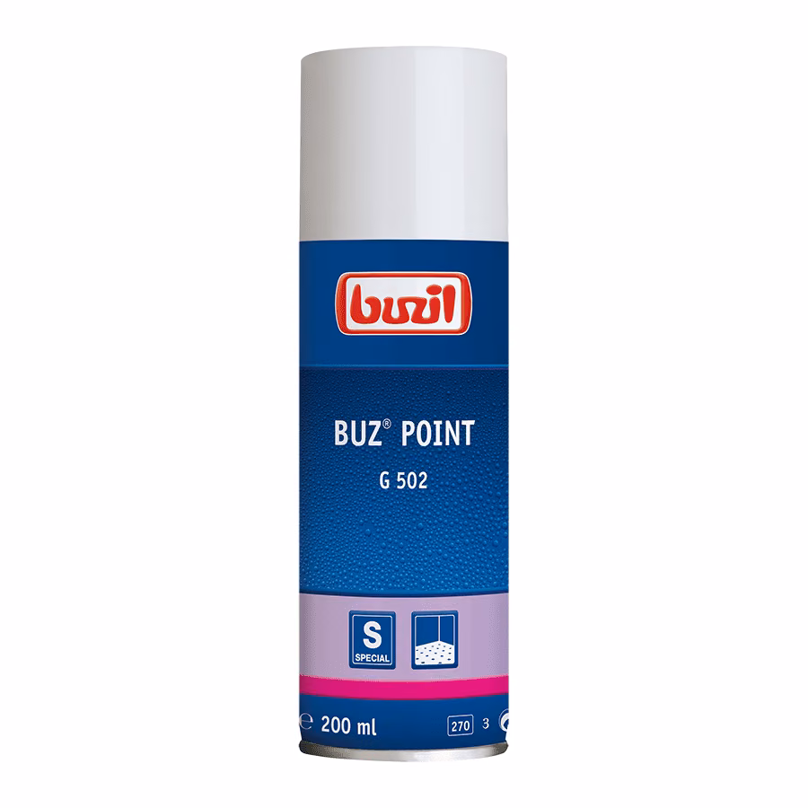 Odplamiacz Buzil Buz Point G 502 Spray 200 ml, biało-niebieskie opakowanie aerozolu na białym tle