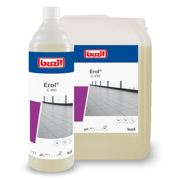 Buzil Erol G490 10 L, butelka 1 litr oraz kanister 10 litrów na czarnym tle