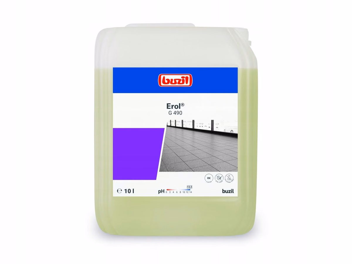 Buzil Erol G490 10 L, widok z przodu na kanister z etykietą informacyjną o pH 13.5