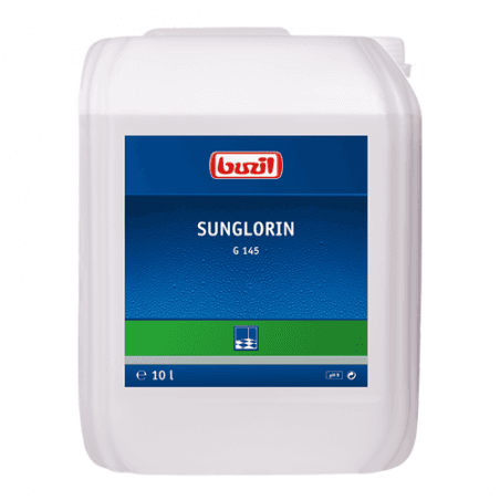 SUNGLORIN G 145 10L pasta do podłóg, widok kanistra z przodu na białym tle z widoczną skalą pH 9