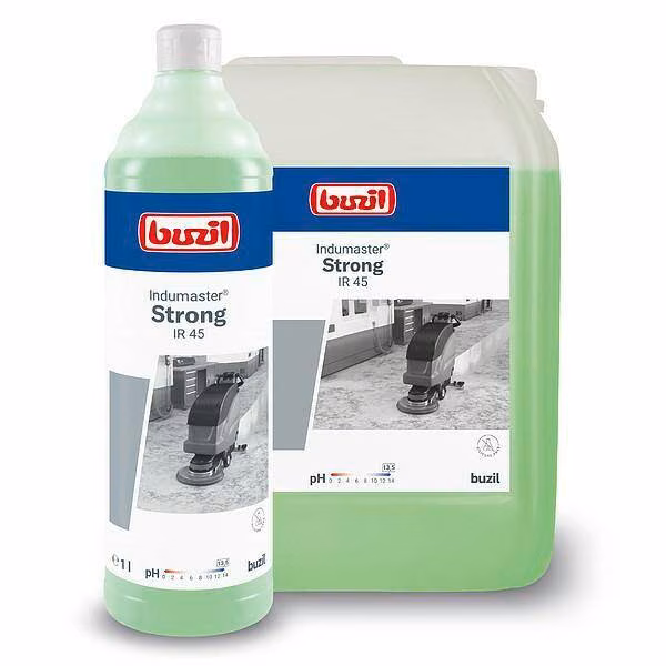 INDUMASTER STRONG IR 45 10L, zestaw butelka 1 litr oraz kanister z grafiką maszyny czyszczącej posadzki