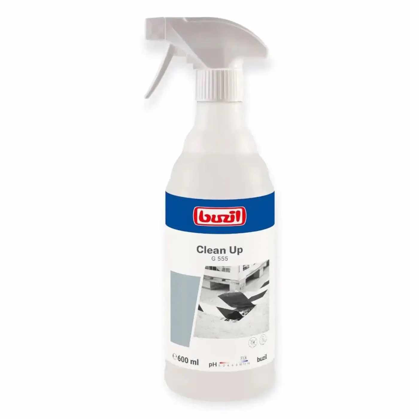 Odplamiacz Buzil Clean Up G555 Spray 600 ml, biała butelka z atomizerem i etykietą z logo marki