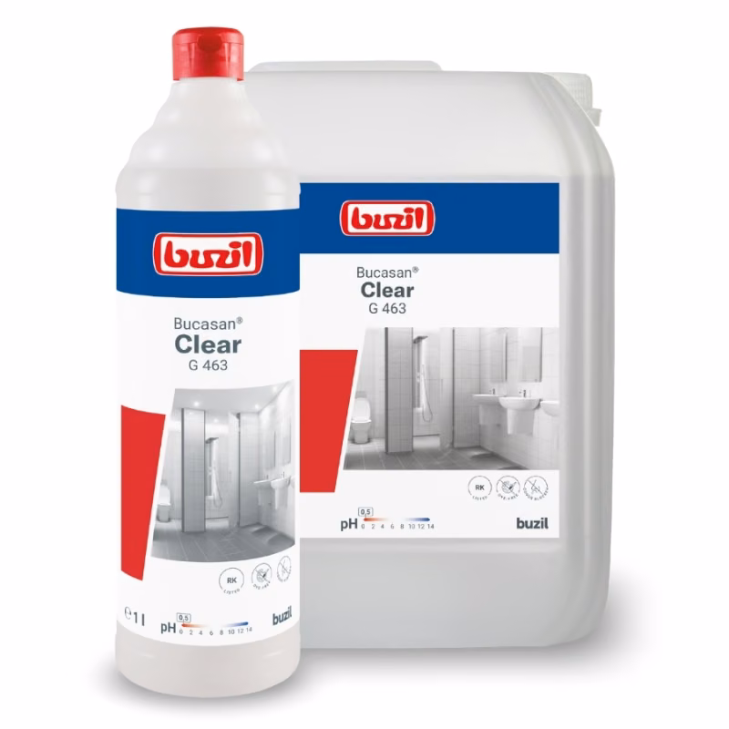 BUCASAN CLEAR G463 1l - środek do WC, butelka 1 litr oraz kanister 10 litrów na białym tle