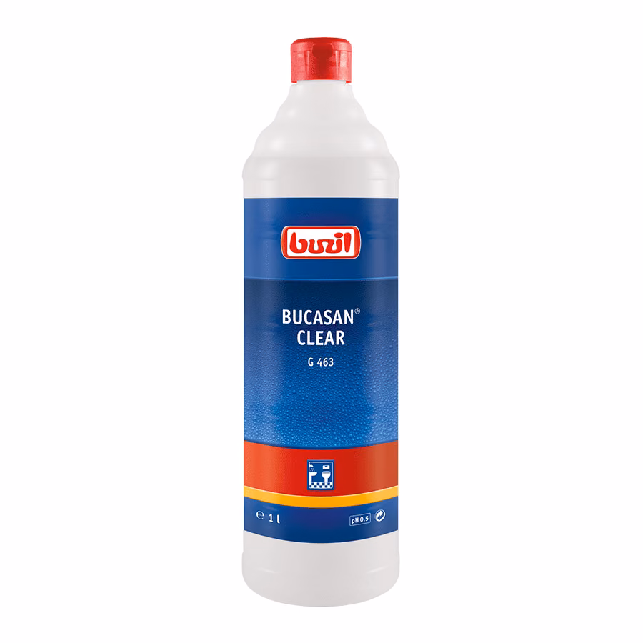 BUCASAN CLEAR G463 1l - środek do WC, biała butelka z czerwoną nakrętką i niebieską etykietą