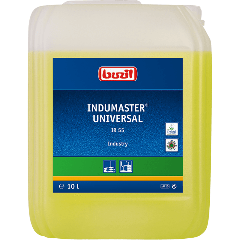 Buzil Indumaster Universal IR 55 10 L, żółty płyn w kanistrze z etykietą Ecolabel