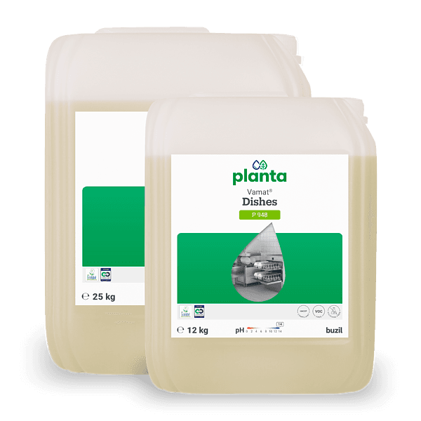 Płyn Buzil Vamat Dishes P 948 GF DW25, dwa kanistry 12 kg i 25 kg z ekologiczną etykietą Planta