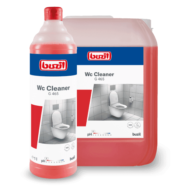 WC CLEANER G465 1l, butelka 1 litr oraz kanister 10 litrów na czarnym tle