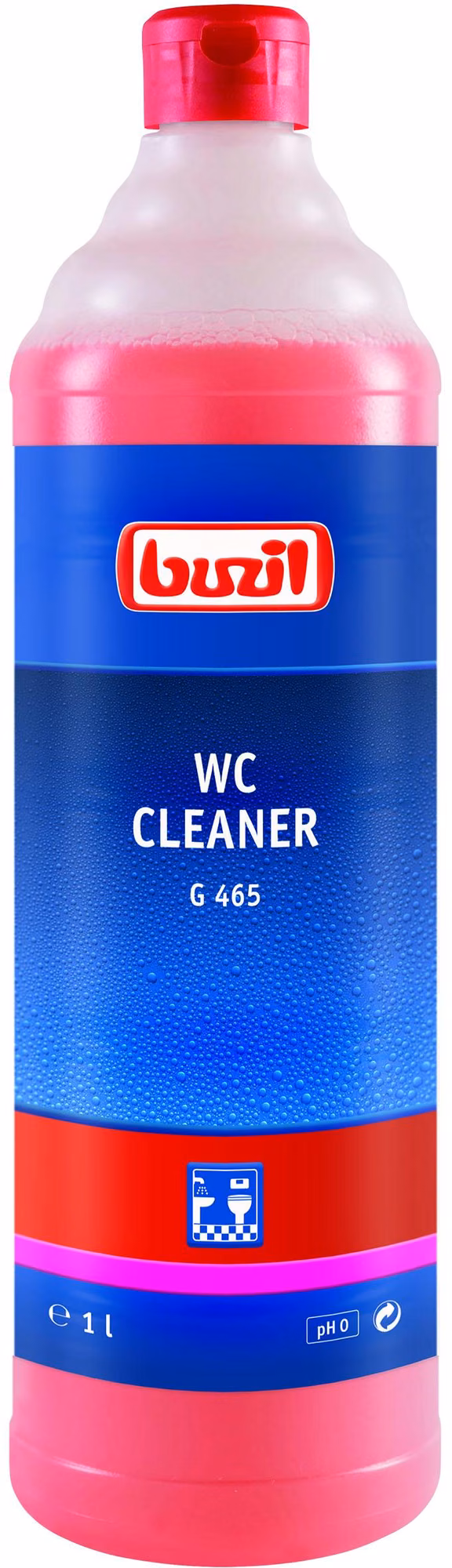 WC CLEANER G465 1l, zbliżenie na etykietę z oznaczeniem pH 0 i ikoną toalety