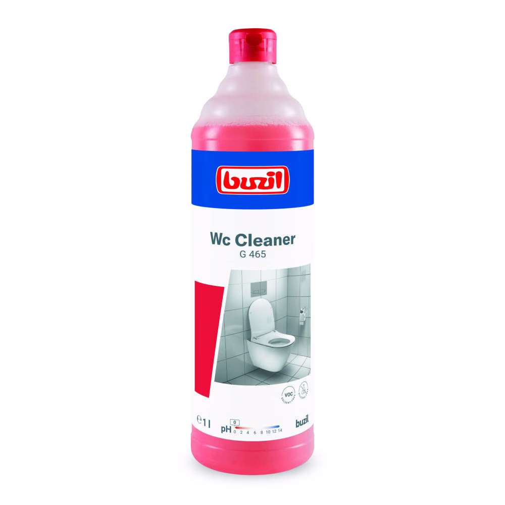 WC CLEANER G465 1l, różowy płyn w przezroczystej butelce z czerwoną nakrętką