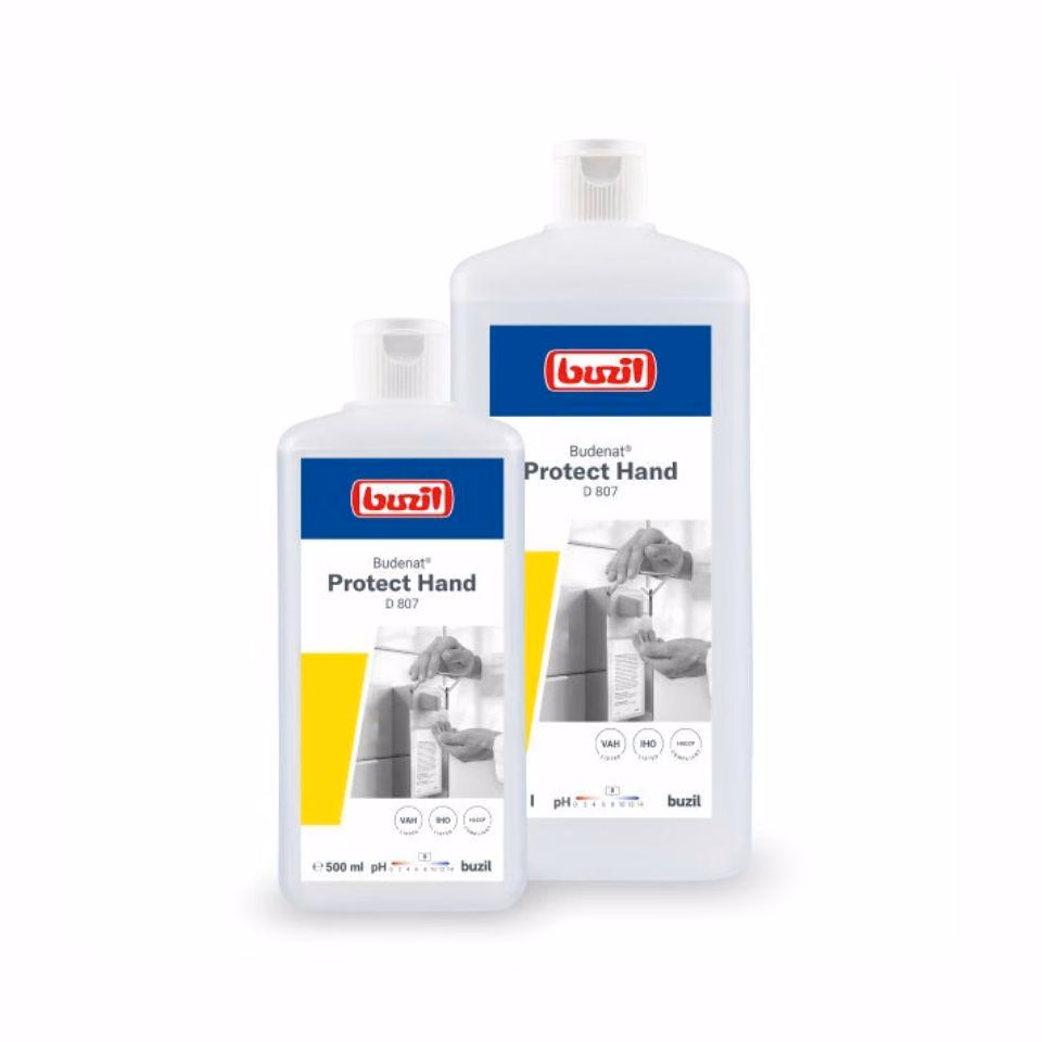 Buzil Budenat Protect Hand D807, dwie butelki o pojemności 500 ml i 1 litr z grafiką dozowania