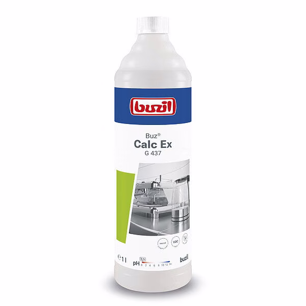 Odkamieniacz Buzil Buz Calc Ex G 437 1 L, białe opakowanie z etykietą i grafiką urządzeń kuchennych