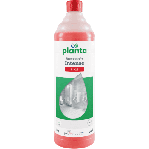 Buzil Planta Bucasan Intense P922, litrowa butelka z czerwonym płynem i etykietą z grafiką łazienki