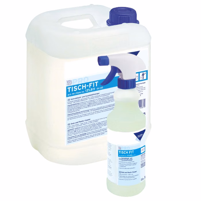Środek Kleen Purgatis Tisch-Fit 500 ml, butelka ze sprayem na tle dużego kanistra uzupełniającego